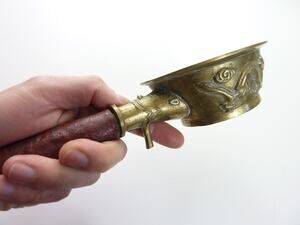 Vintage Chinese Brass Dragon Coal Pot Hand Warmer Wood Handle Chinoiserie Bowl